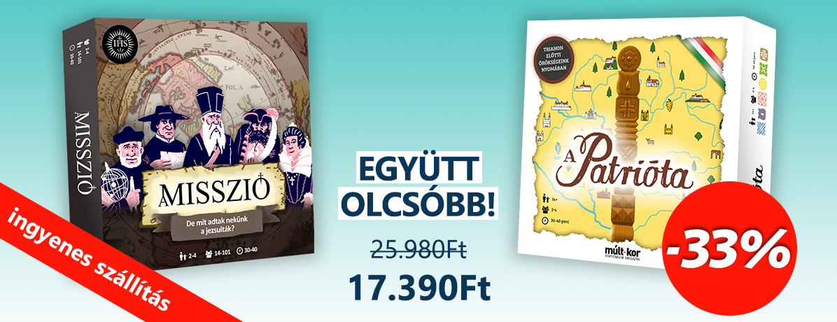 Ingyenes szállítás MPL csomagautomatába vagy csomagpontra!

<p>A csomag a Misszió és A Patrióta társasjátékokat tartalmazza ingyenes szállítással.</p>

<p><em>A kedvezményes csomag más akcióval nem vonható össze.</em></p>
