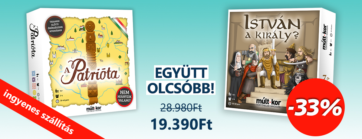 <p>Ingyenes szállítás MPL csomagautomatába vagy csomagpontra 15.000 Ft feletti vásárlás esetén!

A kedvezményes csomag az István a király? + A Patrióta társasjátékokat tartalmazza</p>

