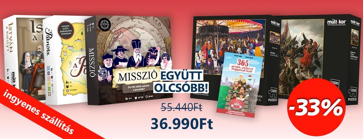 <p>Ingyenes szállítás MPL csomagautomatába vagy csomagpontra!</p>

<p>A csomag tartalmazza A Patrióta, A Misszió és az István a király? című társasjátékokat, a Mesterművek Kollekció 1-2. részeit, illetve a 365 apropó, amiért jó magyarnak lenni című könyvet ingyenes szállítással.</p>

<p><em>A kedvezményes csomag más akcióval nem vonható össze.</em></p>

